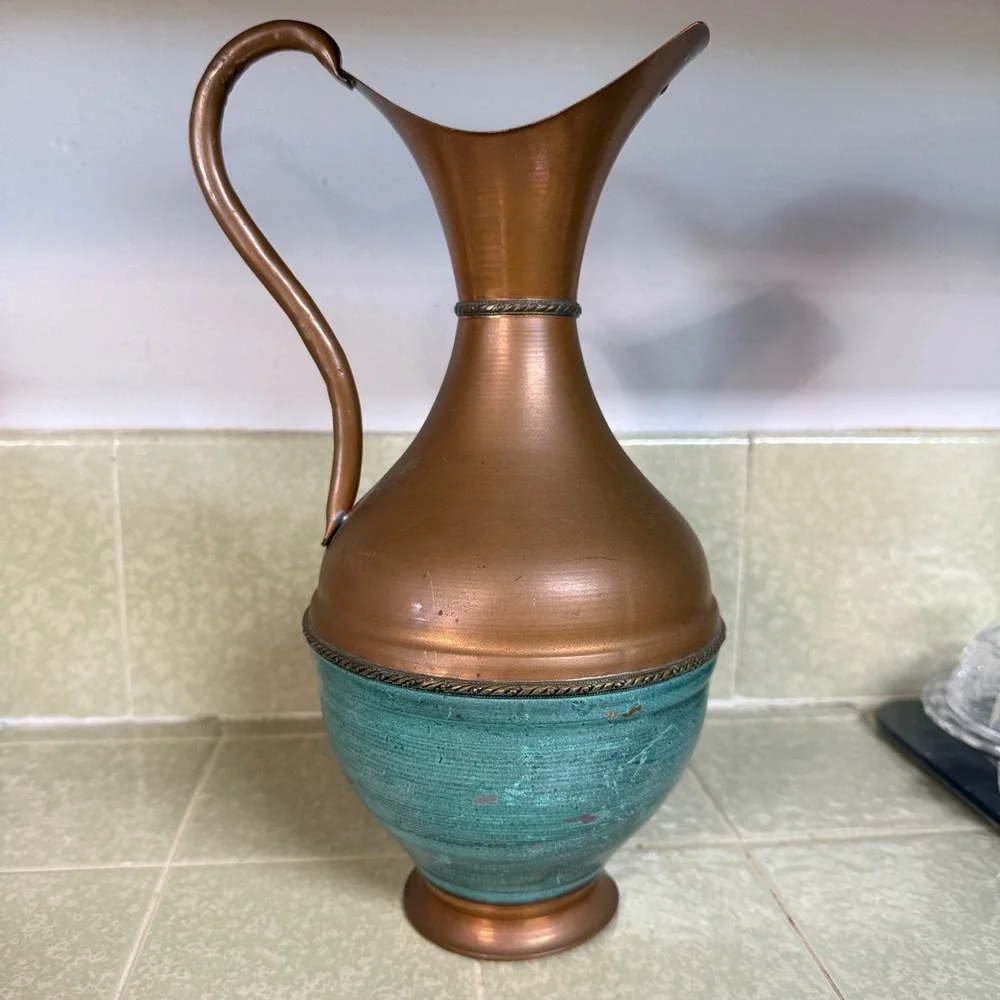 Vintage Copper Pitcher Ewer Verdigris‎ Teal Patina Decorative Vase 11.5 Inch